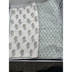 2 Pottery Barn Floral Reversible Cotton Quilt Sage/White Euro Shams
